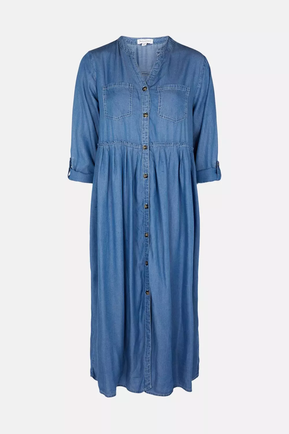 Denim Look Tencel Collarless Midi Dress | Warehouse